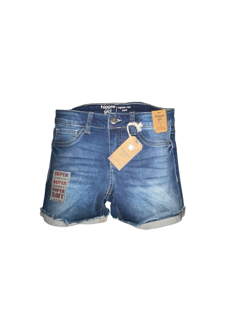 Hippie Girl Denim Shorts Girls NWT SZ. 12 Blue Super Soft Stretch Adjustable